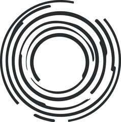 Abstract black concentric circular rings forming a modern spiral design on white background