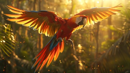 Stunning scarlet macaw soaring through a tropical rainforest vibrant red yellow and blue feathers glowing under golden sunlight