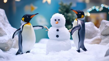 Fototapeta premium Playful penguins and a cheerful snowman in a snowy display.