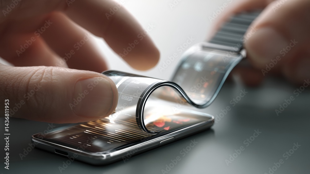 Aufkleber Folded Phone Transforming Into Wearable Device Showcasing Innovative Technology at a Modern Workspace