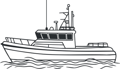 Obraz premium Black and white line drawing of a boat on water showing vessel side view with waves