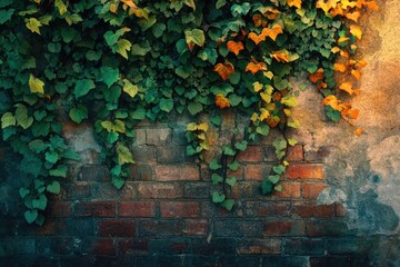 Ivy climbing on an old brick wall, displaying vibrant green and autumnal orange leaves.