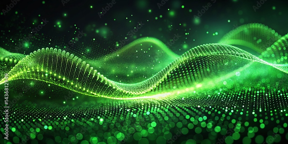 Poster abstract green particle wave: futuristic big data visualization background