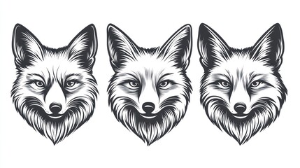 Obraz premium Three fox head illustrations, wildlife art, white background, graphic design