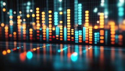 Abstract digital audio equalizer visualization with glowing bars and reflections