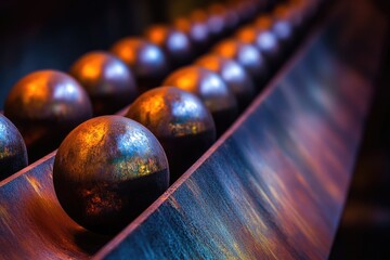 Glowing metallic spheres roll down a rusted industrial chute, creating a dramatic visual.