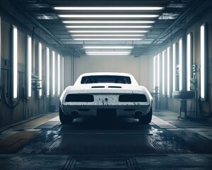 Vintage muscle car in a dimly lit garage, showcasing a rugged, weathered exterior and industrial ambiance.