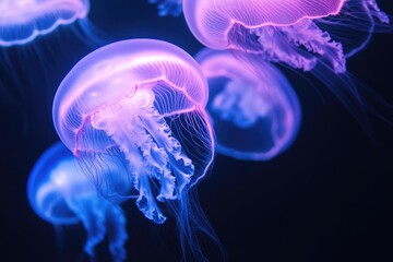 Glowing jellyfish gracefully swim in dark blue water, their translucent bodies illuminated with vibrant purple and blue hues.