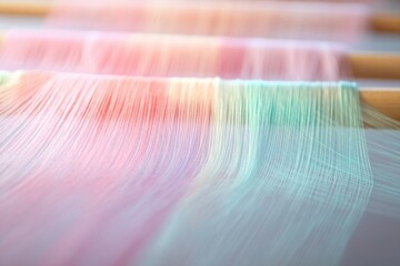 Pastel-colored threads on a loom, showcasing the intricate process of weaving.