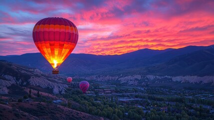 Hot air balloon at sunrise over valley