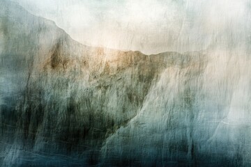 Abstract landscape painting, textured mountains in muted greens and browns.