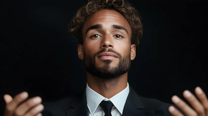 Obraz premium Portrait of a Serious Man in a Dark Suit Against a Black Background