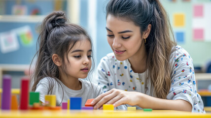 A young Hispanic girl and her teacher work together, building with colorful blocks in a bright kindergarten or pre-school classroom. Focused attention and a collaborative spirit.