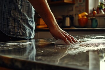 A young Caucasian man cleaning a kitchen countertop with soap, showcasing diligence and attention to cleanliness.