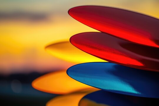 Colorful kayaks stacked against a vibrant sunset backdrop, creating a captivating visual.