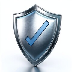 A shiny metallic shield with a blue checkmark symbol, representing security and trust.