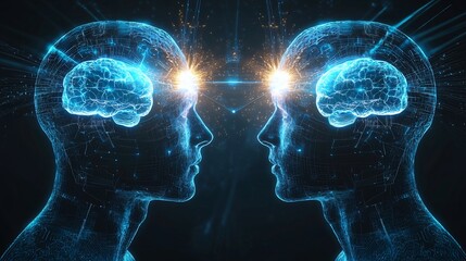 Two Human Heads with Glowing Blue Brains Sharing Ideas