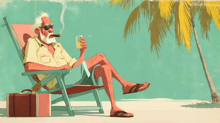 <Retirement Relaxation: Cartoon Beach Illustration of Old Man in Sunglasses Enjoying a Vacation Cocktail Under Palm Trees>