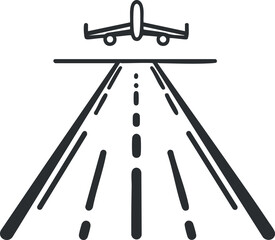 Simple black and white line art of an airplane taking off from a runway symbolizing aviation and travel