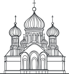 Black and white line drawing of an orthodox church with onion domes and crosses on top