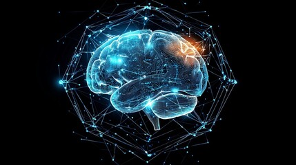 A luminous digital brain illustration with interconnected neural pathways against a dark background, symbolizing advanced technology.