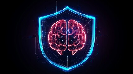 A glowing digital brain shield symbolizes artificial intelligence and cybersecurity, showcasing innovation and technology.