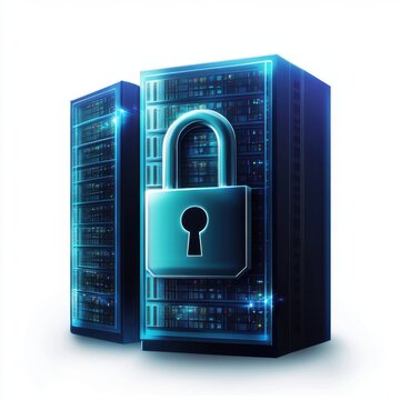 Digital representation of secure servers featuring a lock symbol, symbolizing data protection and cybersecurity.