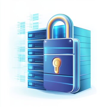 Digital illustration of a server with a large lock symbolizing data security and protection.