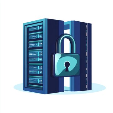 Digital illustration of a server with a lock symbolizing cybersecurity and data protection.