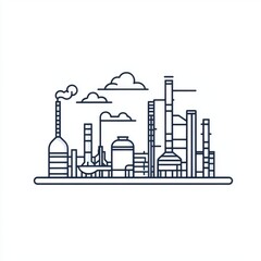 Obraz premium Outline of a modern industrial skyline with factories, smokestacks, and clouds.