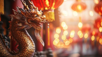 Ornate golden dragon sculpture amidst glowing red lanterns, capturing the festive spirit and intricate artistry.