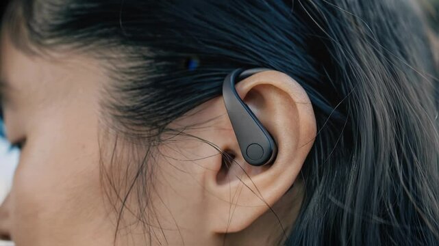 An earpiece equipped with a tiny biosensor that measures brainwave activity. The device blends seamlessly into the ear showcasing an intricate network of sensors and electrodes