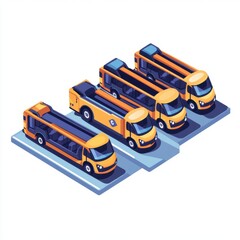 A bright and colorful illustration of modern city buses parked in a row, showcasing an urban transport theme.