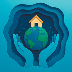 Hands holding the Earth with a house on top, layered paper cut blue 3d background, eco home and sustainability concept. Vector beautiful pattern illustration with 3D effect.