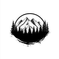 Silhouette of majestic mountains and pine trees in a circular design, evoking nature and tranquility.