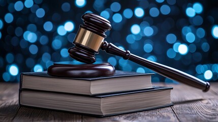 A wooden gavel rests on a stack of law books with a shimmering blue bokeh background, symbolizing justice and law.