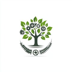 Obraz premium A harmonious blend of nature and machinery featuring a green tree surrounded by gears.
