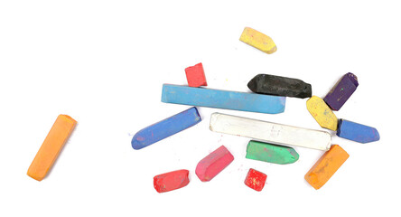 colorful pieces of chalk, isolated on white, top view, clipping path