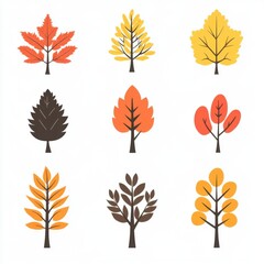 Colorful autumn trees featuring vibrant reds, oranges, and yellows in a flat design.