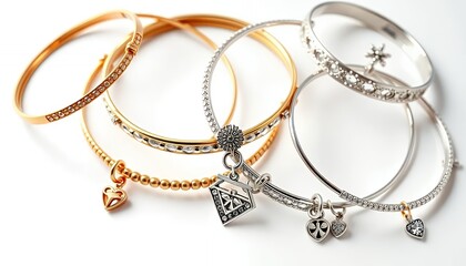 Golden and Silver Metallic Bracelets with Decorative Charms Isolated on White Screen Background Shiny Jewelry Ornament Studio Shot