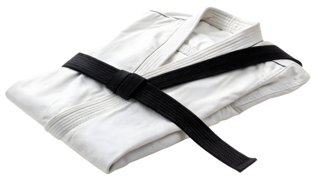 White karate gi with black belt martial arts uniform isolated on white background