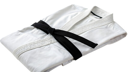 Folded white karate gi with black belt isolated on white background