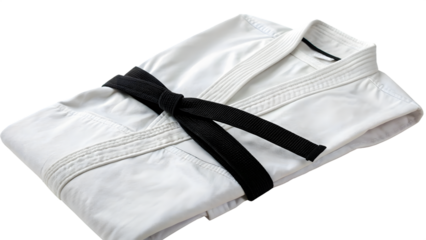 Folded white karate gi with black belt isolated on white background