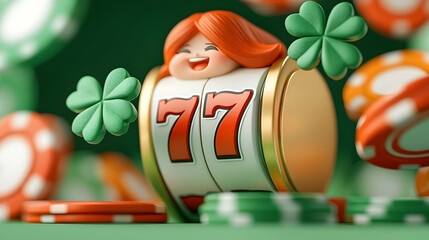 Smiling Cartoon Character Inside a Lucky Sevens Slot Machine with Shamrocks
