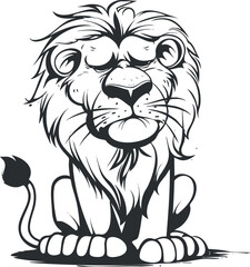 Black and white cartoon illustration of a sitting lion with a large mane and closed eyes