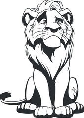 Black and white cartoon illustration of a sitting lion with a sad expression and detailed mane