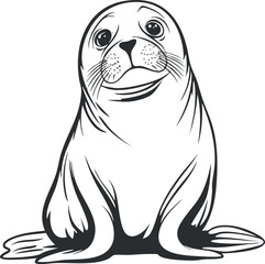 Black and white illustration of a cute seal sitting, showing its face and flippers, marine animal.