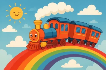 Cheerful cartoon train on rainbow with smiling sun and clouds in blue sky