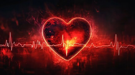 A vibrant heart illustration glowing amidst a heartbeat line, symbolizing love and life, with a striking red glow.