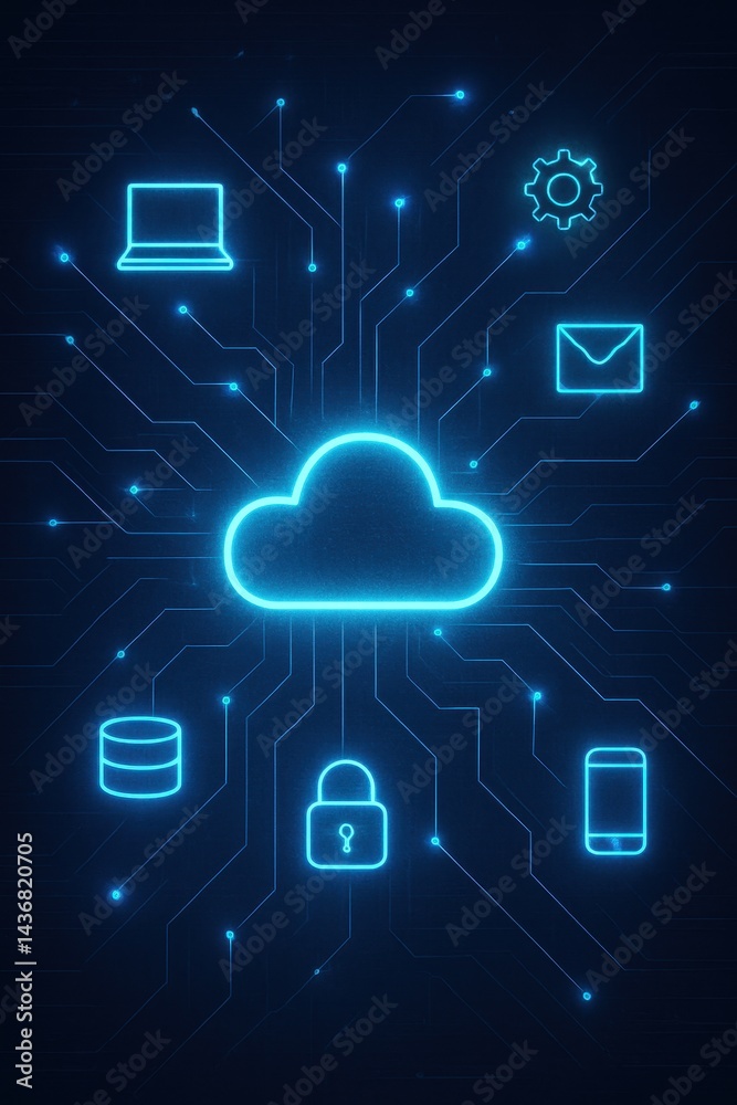 Poster glowing cloud computing network with technological icons in futuristic digital interface